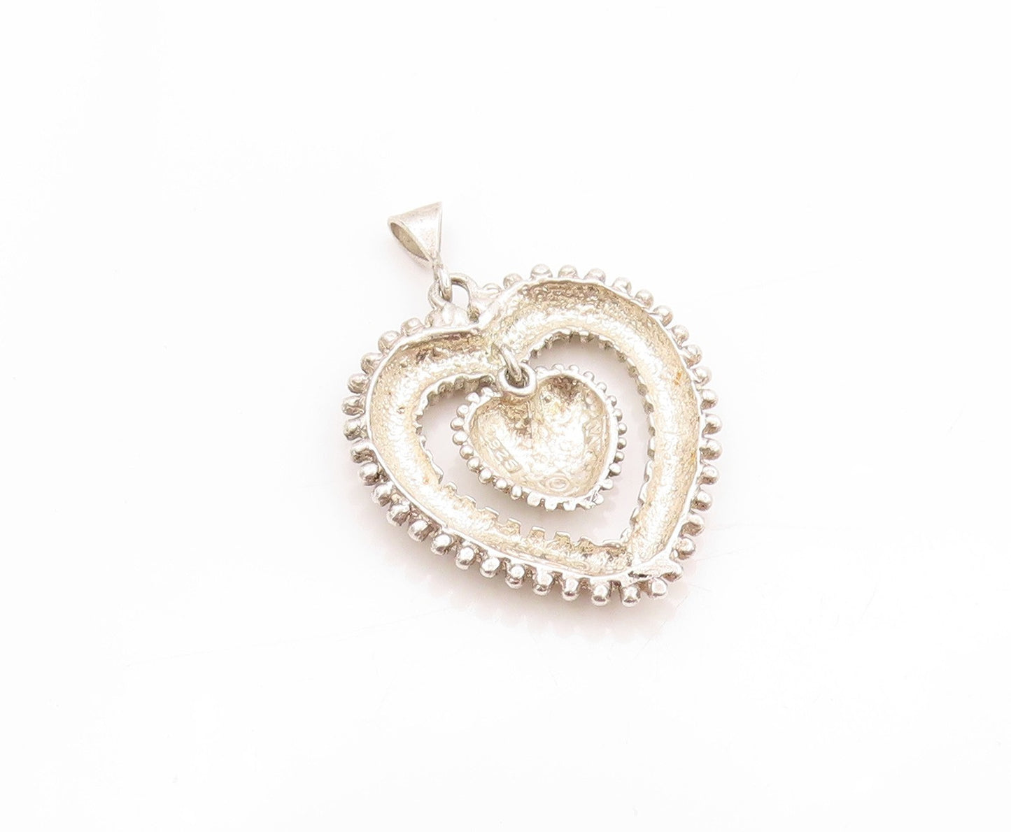 925 Sterling Silver Vintage Pendant Modernist Heart With Dangling Heart  PT24172