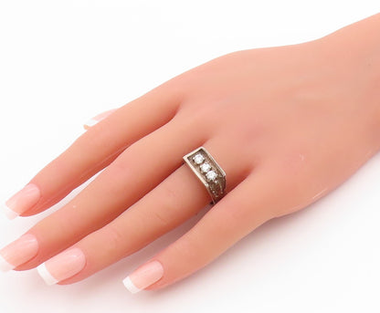 925 Sterling Silver Vintage Ring Three Stone CZ Rectangular Band  Sz 10  RG33545