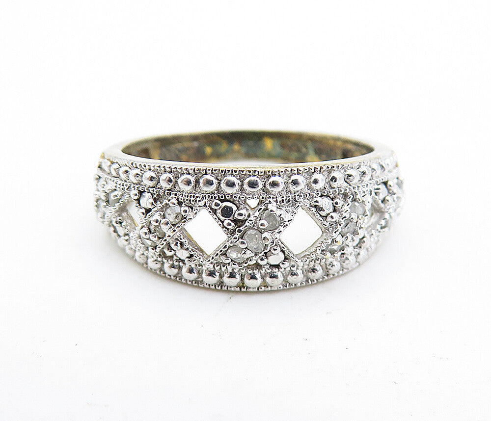 925 Sterling Silver  Vintage Genuine Diamonds X Design Band Ring Sz 7  RG7031