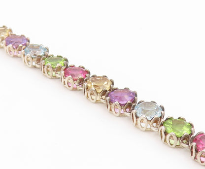 925 Sterling Silver Vintage Necklace Multi Gemstone Tennis Link Chain  NE4906
