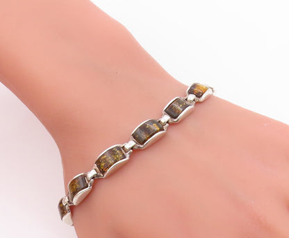 925 Sterling Silver Vintage Bracelet Chunky Baltic Amber Geometric Link  BT12084