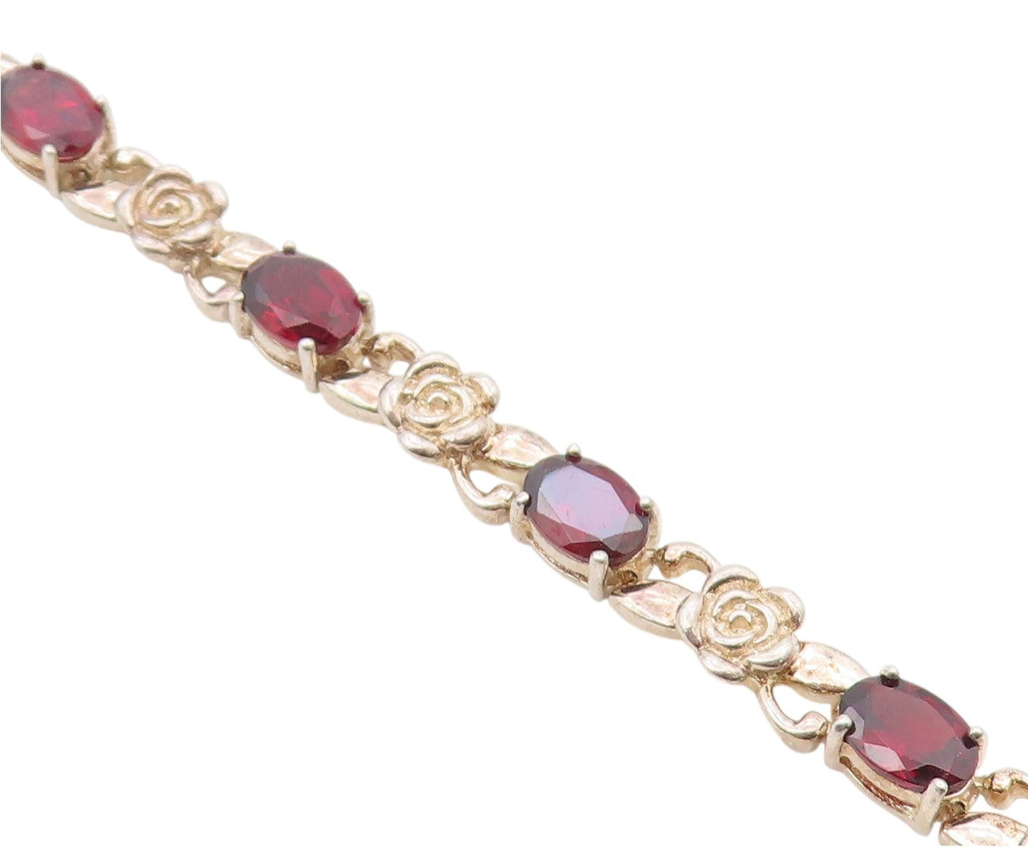 925 Sterling Silver Vintage Bracelet Elegant Garnet Carved Rose Link  BT12123