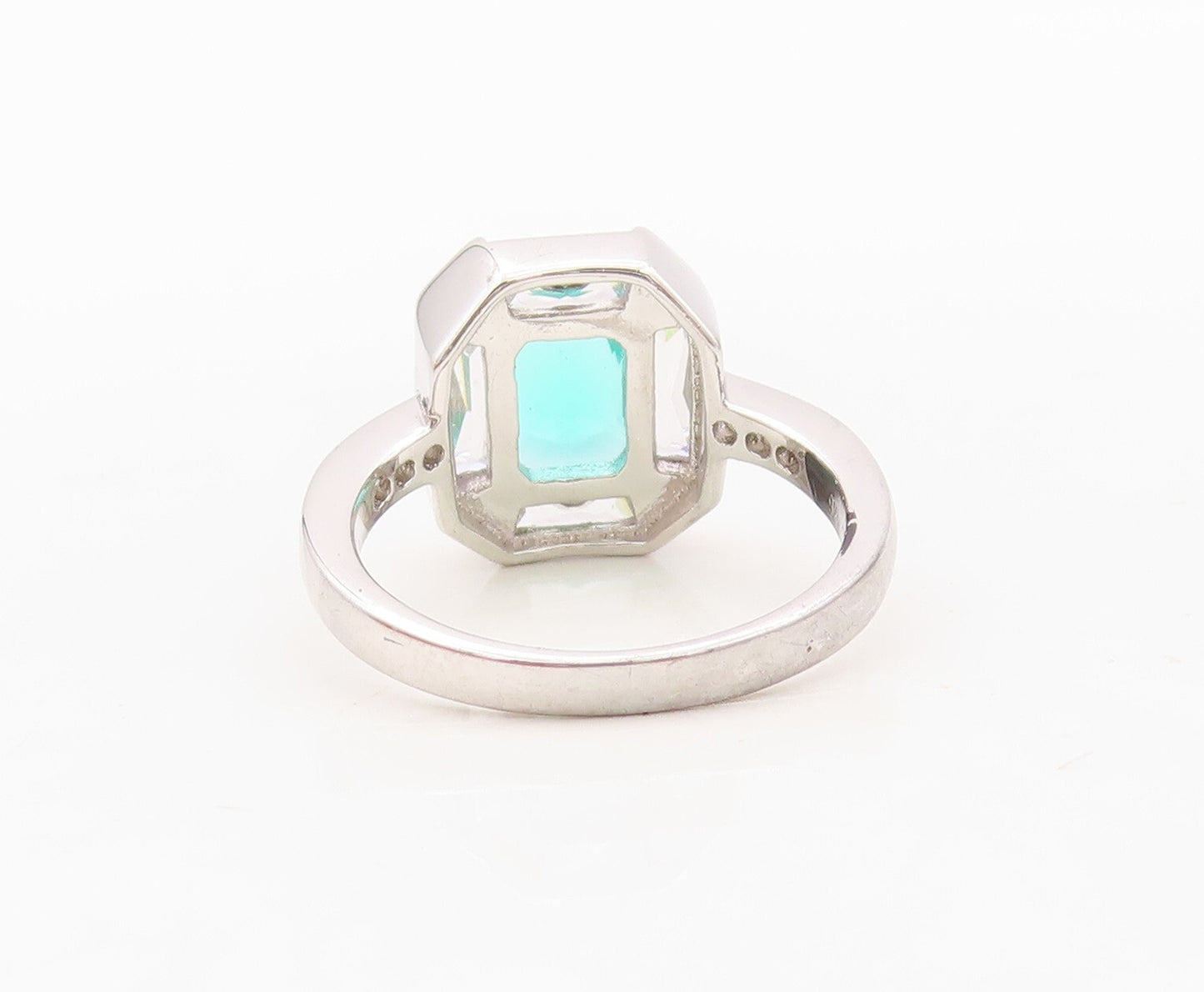 925 Sterling Silver Vintage Ring Rectangle Sea Green Halo White CZ  Sz 7 RG30409