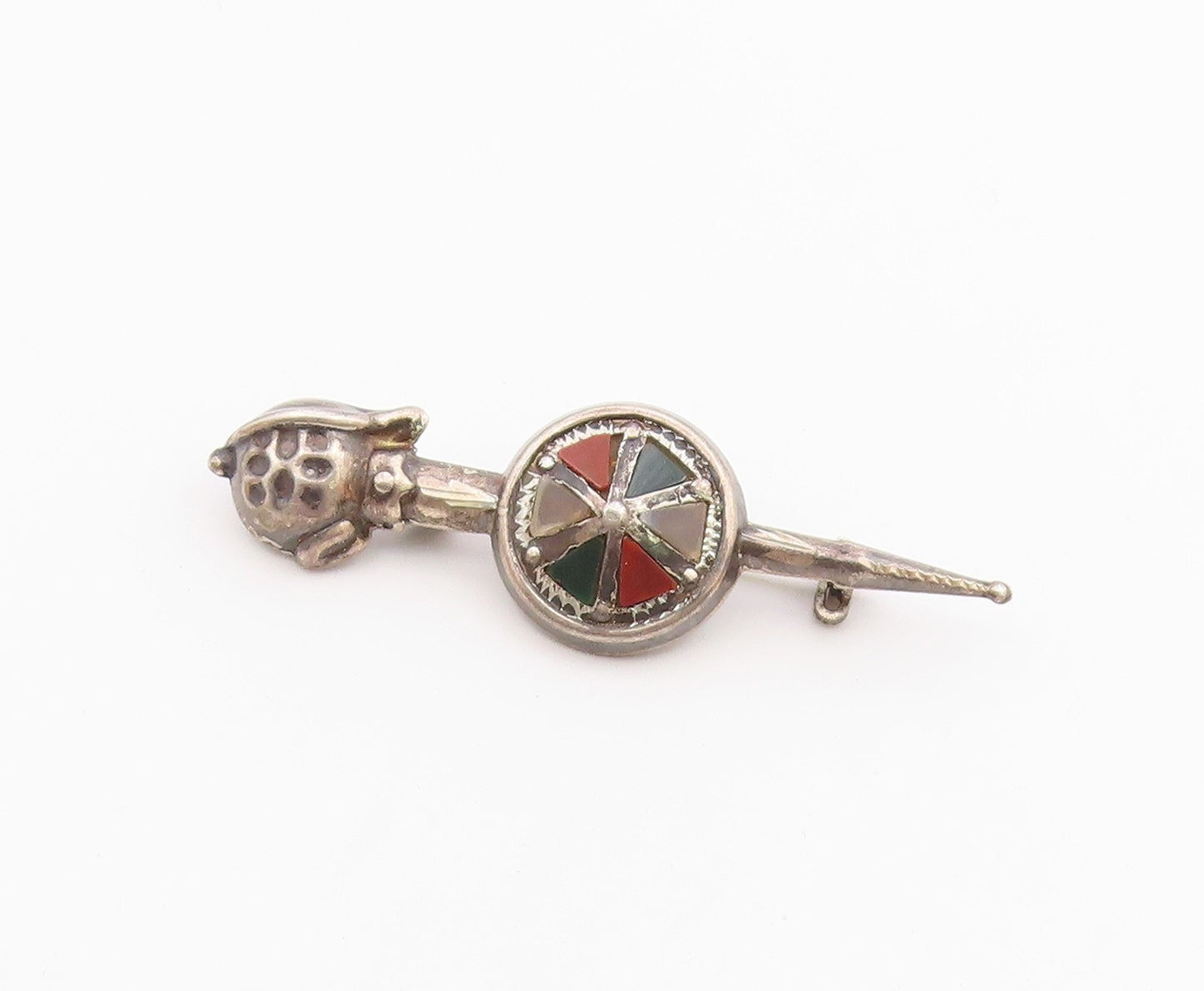 925 Sterling Silver Vintage Antique Carnelian Sword & Shield Brooch Pin BP8303