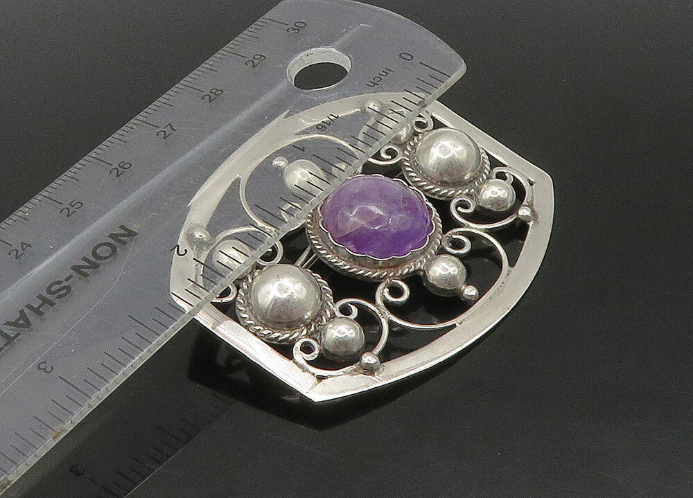 MEXICO 925 Sterling Silver  Vintage Amethyst Pretzel Swirl Brooch Pin  BP8989