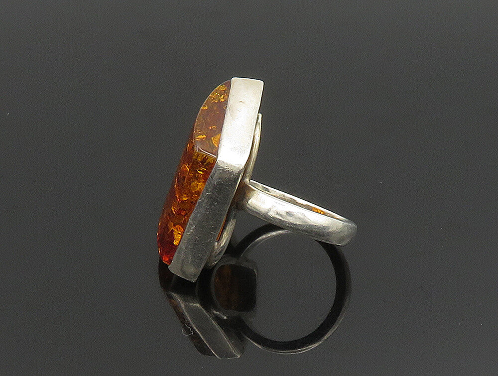 925 Sterling Silver  Vintage Slanted Baltic Amber Cocktail Ring Sz 7.5 RG24338