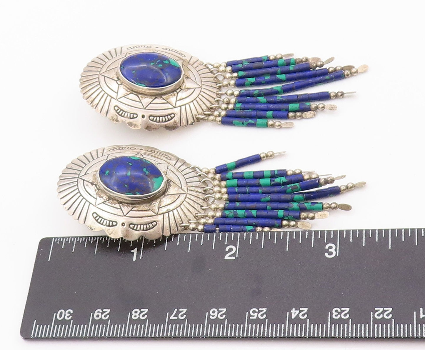 925 Sterling Silver Vintage Earrings SOUTHWESTERN Azurite Etched Dangles EG13483