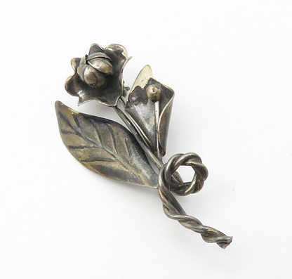 925 Sterling Silver  Vintage Handmade Flowers Oxidized Brooch Pin  BP5534