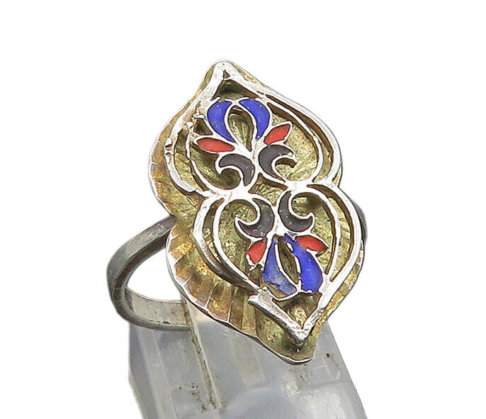 925 Sterling Silver  Vintage Enamel Swirl Hearts Band Ring Sz 7  RG23414
