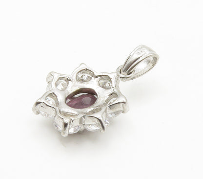 925 Sterling Silver  Vintage Amethyst & Cubic Zirconia Flower Pendant  PT11928