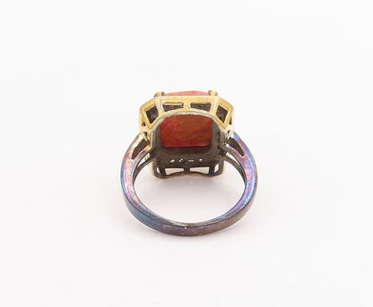 925 Sterling Silver Vintage Ring Orange Gemstone Halo Diamonds  Sz 7  RG29216
