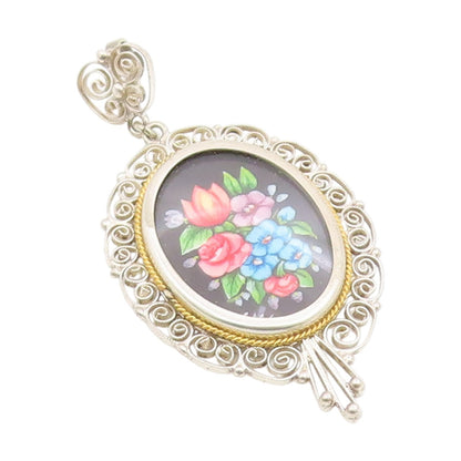925 Sterling Silver Vintage Pendant Oval Enamel Filigree Flower Bouquet  PT25723