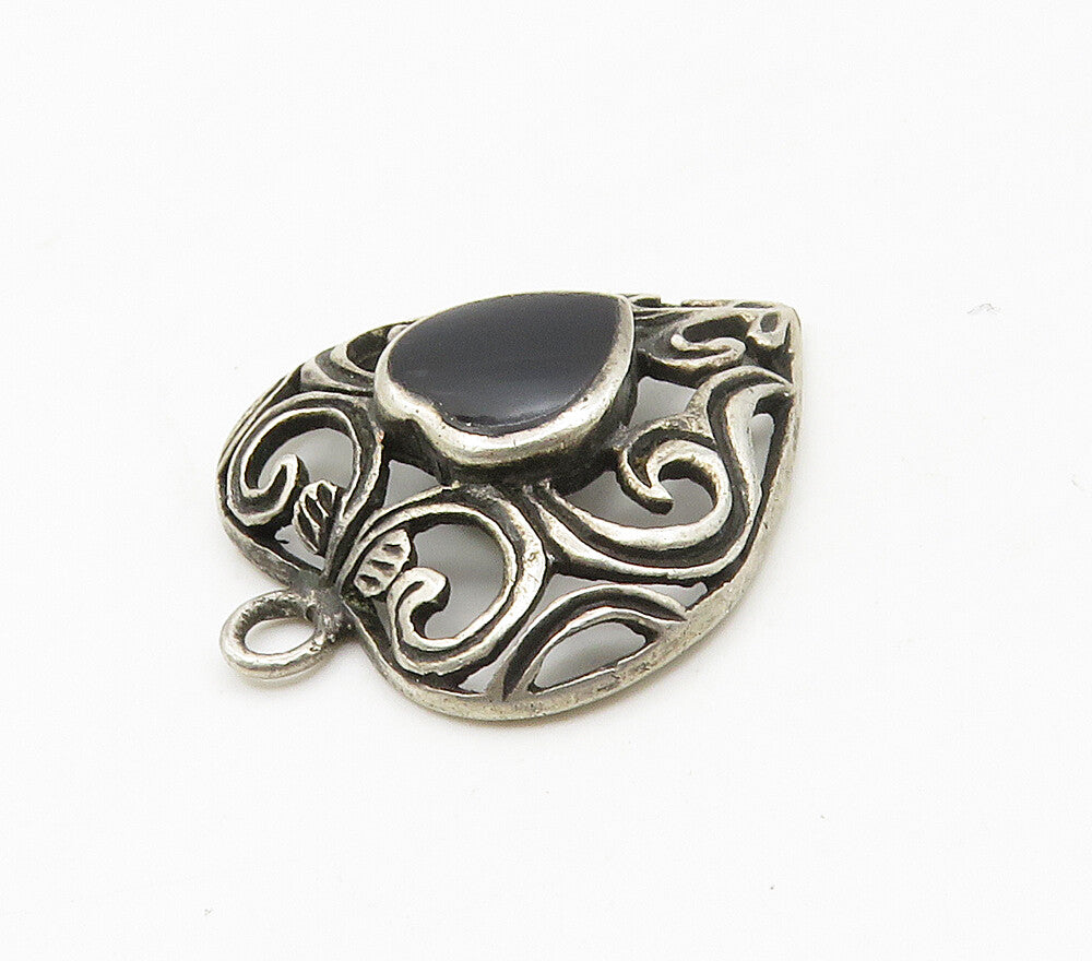 925 Sterling Silver  Vintage Black Onyx Swirl Love Heart Pendant  PT12315