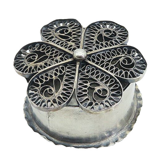 925 Sterling Silver  Vintage Antique Filigree Flower Pill Box (OPENS)  TR1281