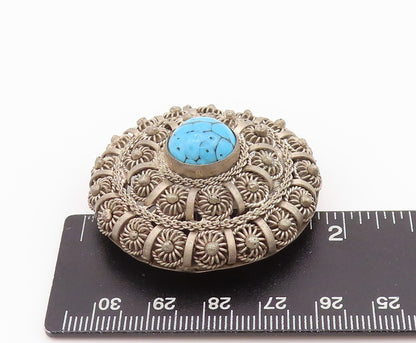 925 Sterling Silver Vintage Brooch Antique Turquoise Wire Work Flowers  BP11678