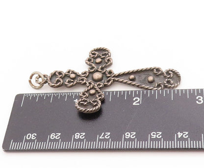 925 Sterling Silver Vintage Pendant Dark Tone Rope Edged Religious Cross PT25031