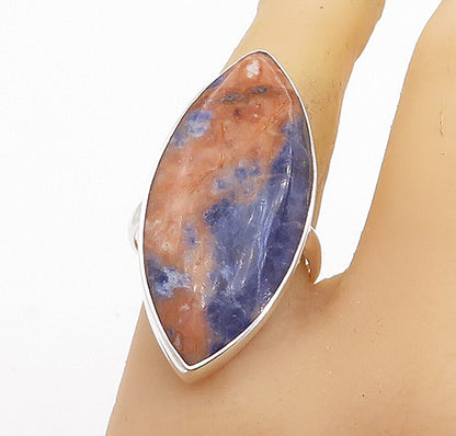 925 Sterling Silver  Sodalite Pointed Oval Shiny Cocktail Ring Sz 9.5  RG8430