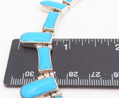 925 Sterling Silver Vintage Necklace MEXICO Turquoise Inlay Panel Choker  NE4787