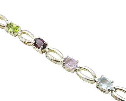 925 Sterling Silver  Shiny Amethyst Topaz & Peridot Chain Bracelet  BT4394