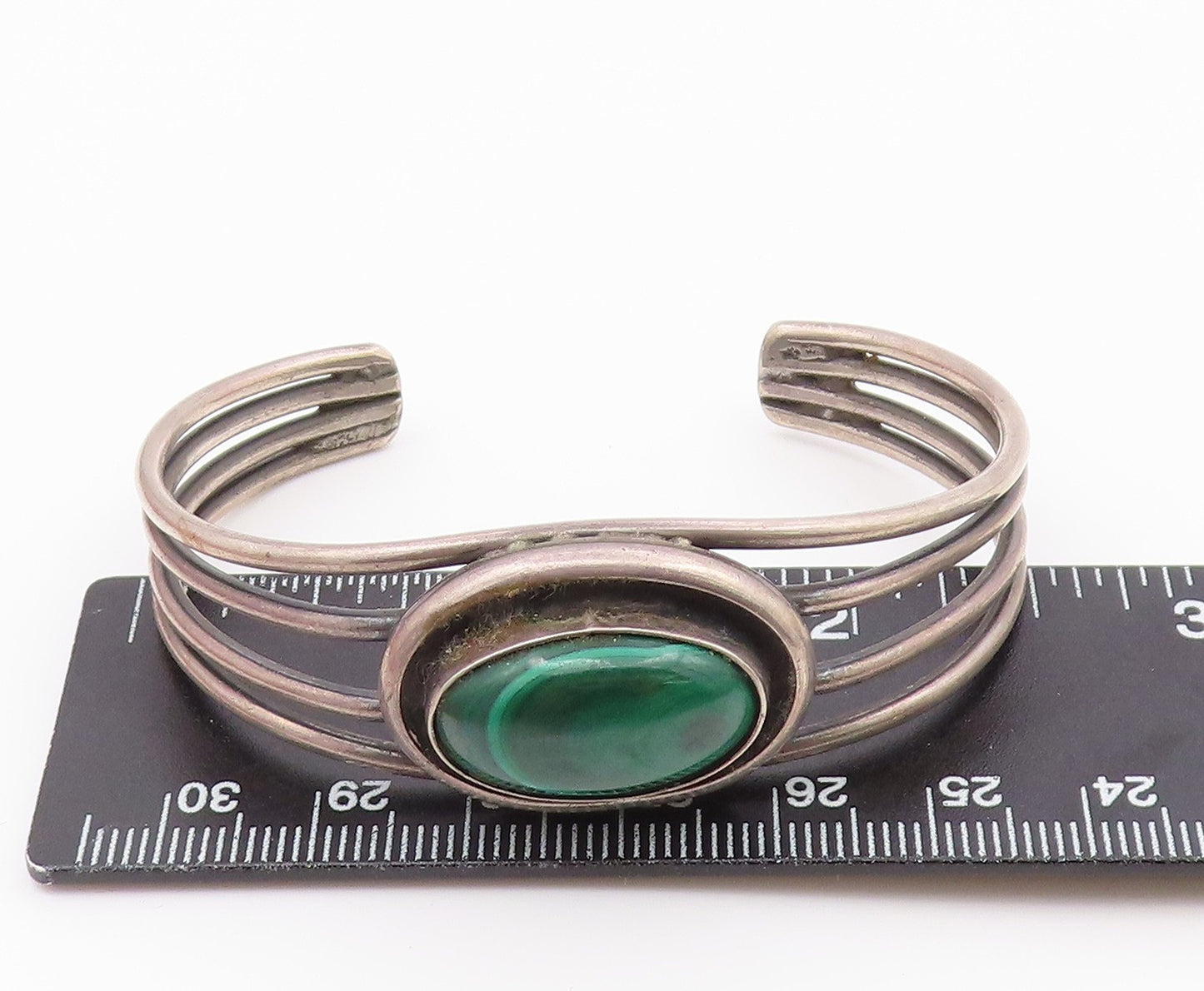 925 Sterling Silver  Vintage Cabochon Malachite Split Cuff Bracelet  BT9205