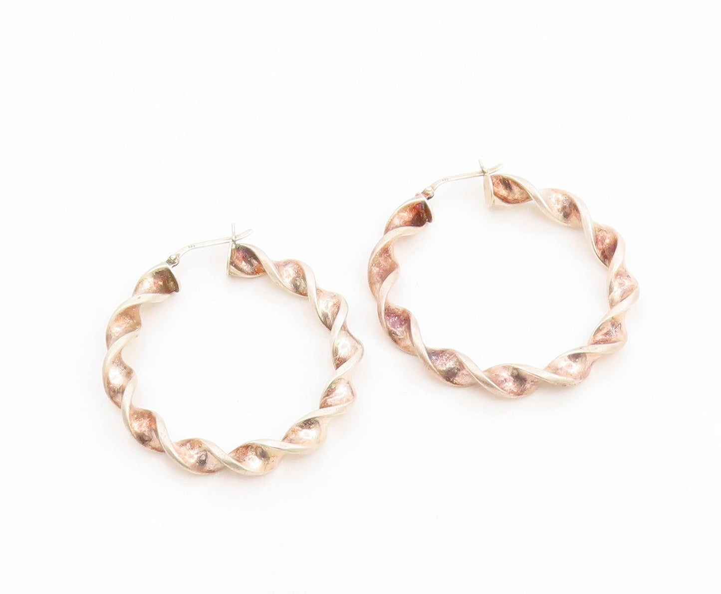 925 Sterling Silver Vintage Earrings Modernist Ribbon Twisted Hoops  EG14324