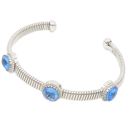 925 Sterling Silver  Faceted Blue Topaz Shiny Ribbed Cuff Bracelet  BT7174