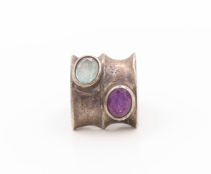 925 Sterling Silver Vintage Ring Dark Tone Amethyst & Topaz  Sz 6.5  RG32338