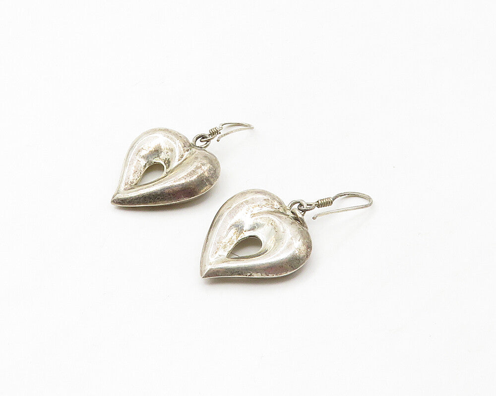 925 Sterling Silver  Vintage Smooth Open Love Heart Dangle Earrings  EG8843