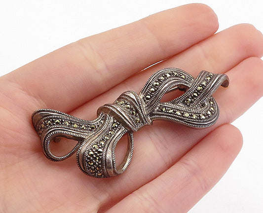 JUDITH JACK 925 Silver  Vintage Marcasite Bow Tied Ribbon Brooch Pin  BP2114