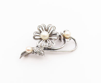 925 Sterling Silver  Vintage Cultured Pearls Flower Cutout Brooch Pin  BP9495