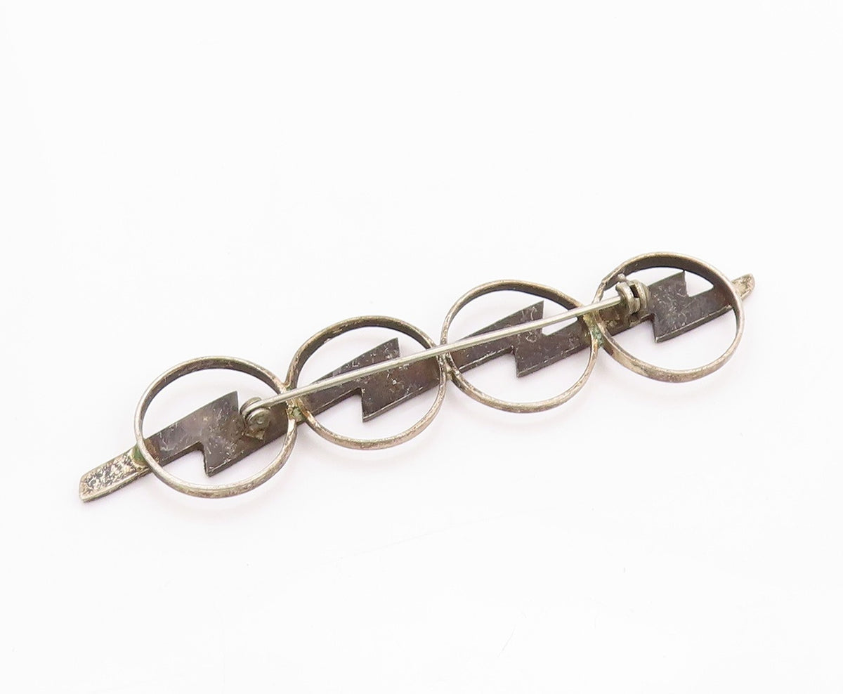 925 Sterling Silver Vintage Brooch Modernist Thunder & Rings Design BP11599
