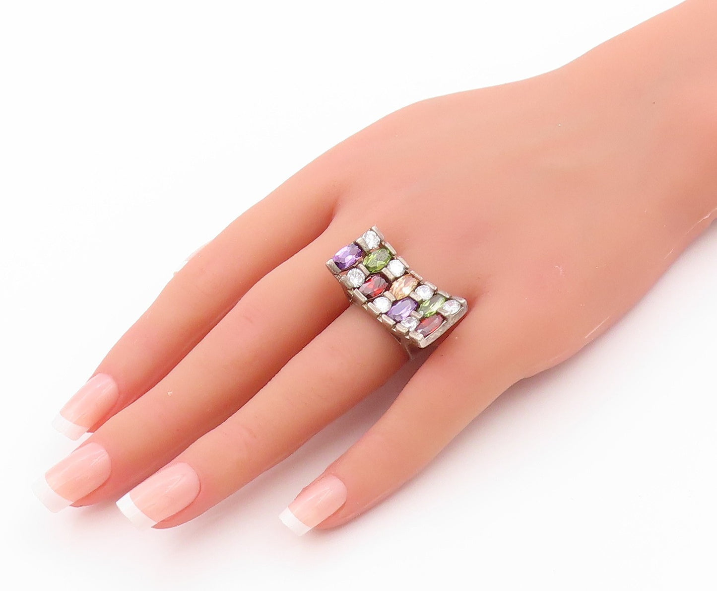 925 Sterling Silver Vintage Ring Amethyst Garnet Peridot CZ Inlay Sz 6.5 RG32628