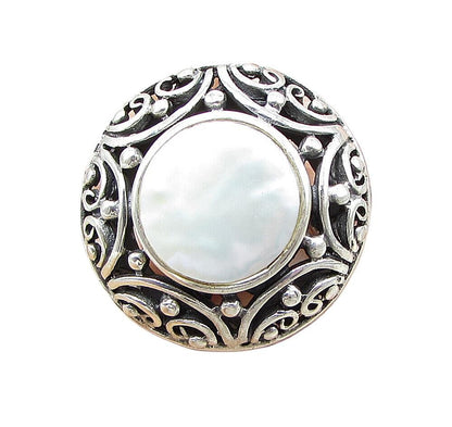 925 Sterling Silver  Mother of Pearl & Marcasite Filigree Ring Sz 7.5  RG1420