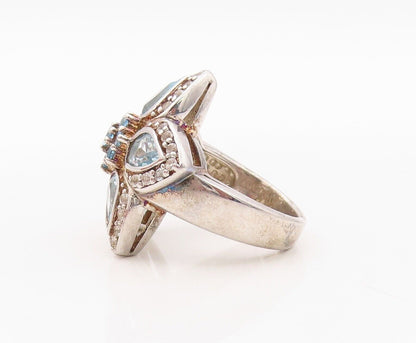 925 Sterling Silver Vintage Ring White & Blue Topaz Flower  Sz 7  RG29943