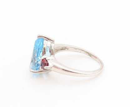 925 Sterling Silver Vintage Ring Pear Cut Blue Topaz & Garnet Band Sz 8 RG36189