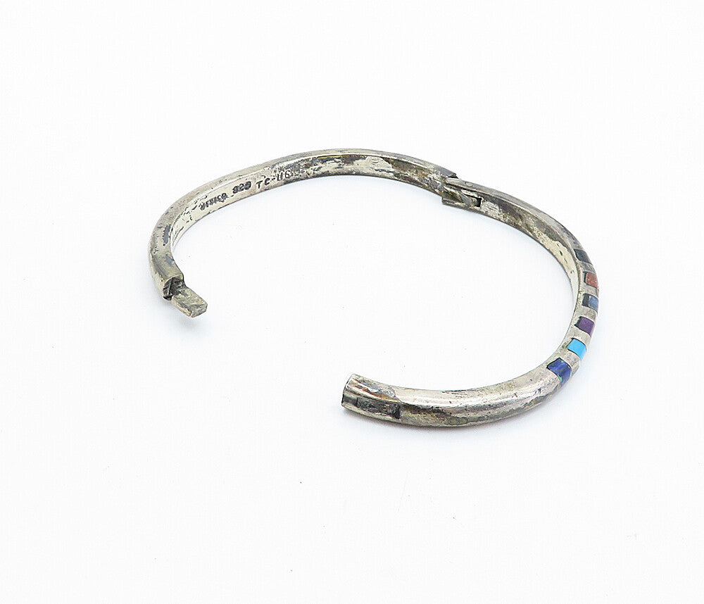 MEXICO 925 Silver Vintage Multi Gemstone Striped Oval Bangle Bracelet BT2981