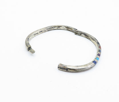 MEXICO 925 Silver Vintage Multi Gemstone Striped Oval Bangle Bracelet BT2981