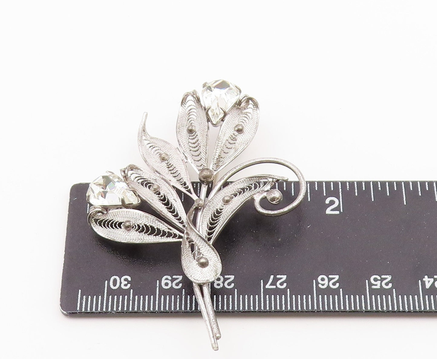 925 Sterling Silver  Vintage Cubic Zirconia Filigree Flower Brooch Pin  BP3004