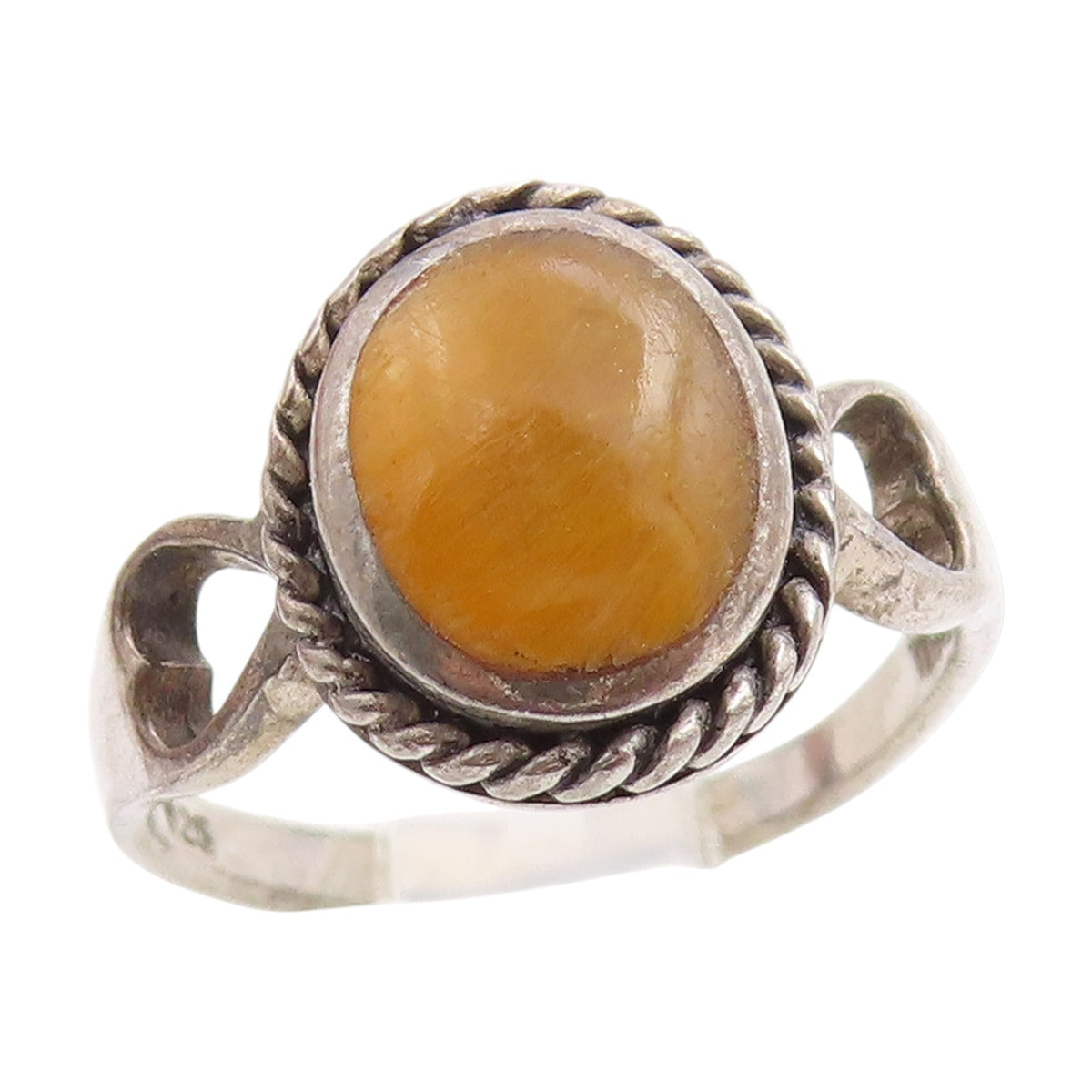 925 Sterling Silver Vintage Ring Tiger's Eye Love Hearts Cut Out  Sz 6  RG33794