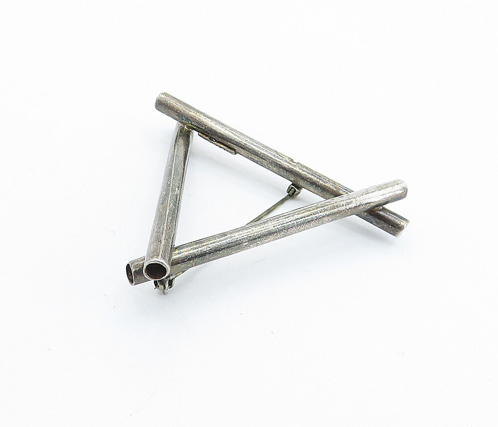 MEXICO 925 Sterling Silver Vintage Oxidized Triangle Tubes Brooch Pin BP2503