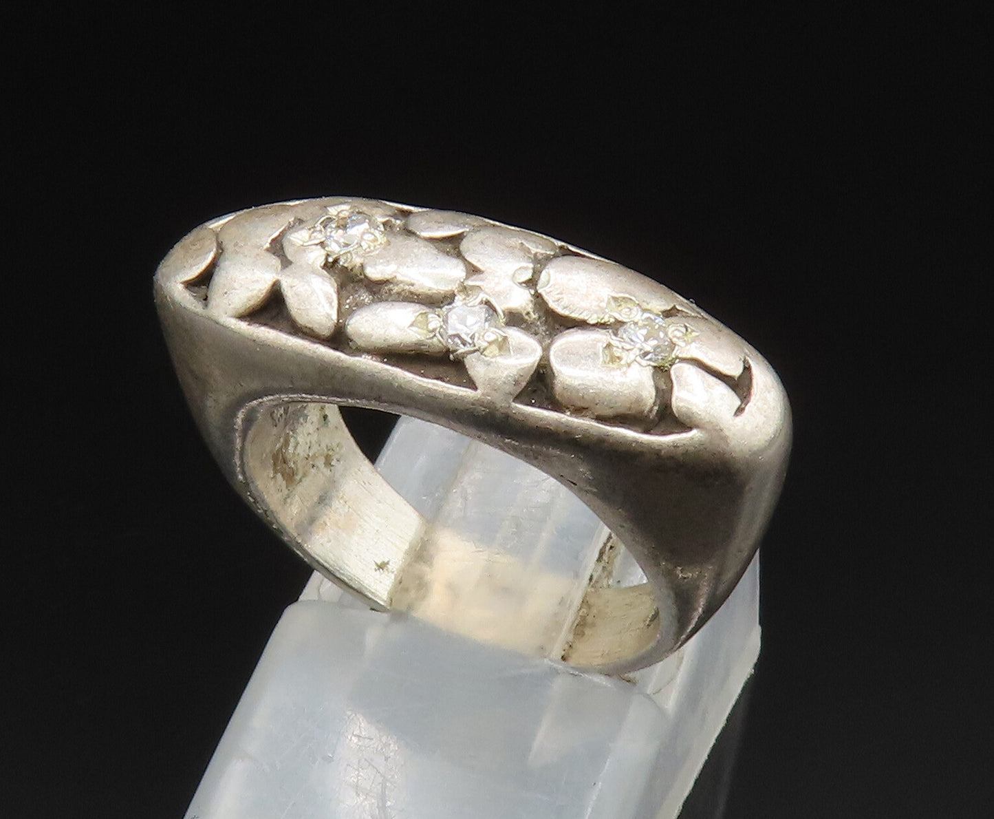 925 Silver  Vintage Cubic Zirconia Accented Cobblestone Ring Sz 5  RG24991