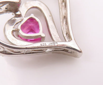 925 Silver  Vintage Double Love Heart Ruby & Genuine Diamonds Pendant  PT20487