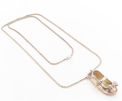 925 Sterling Silver Vintage Necklace Solid 3D Cutout Shoe With Bow  NE4387