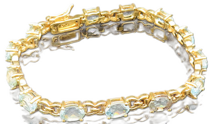 925 Sterling Silver Vintage Gold Plated Oval Blue Topaz Tennis Bracelet BT9769
