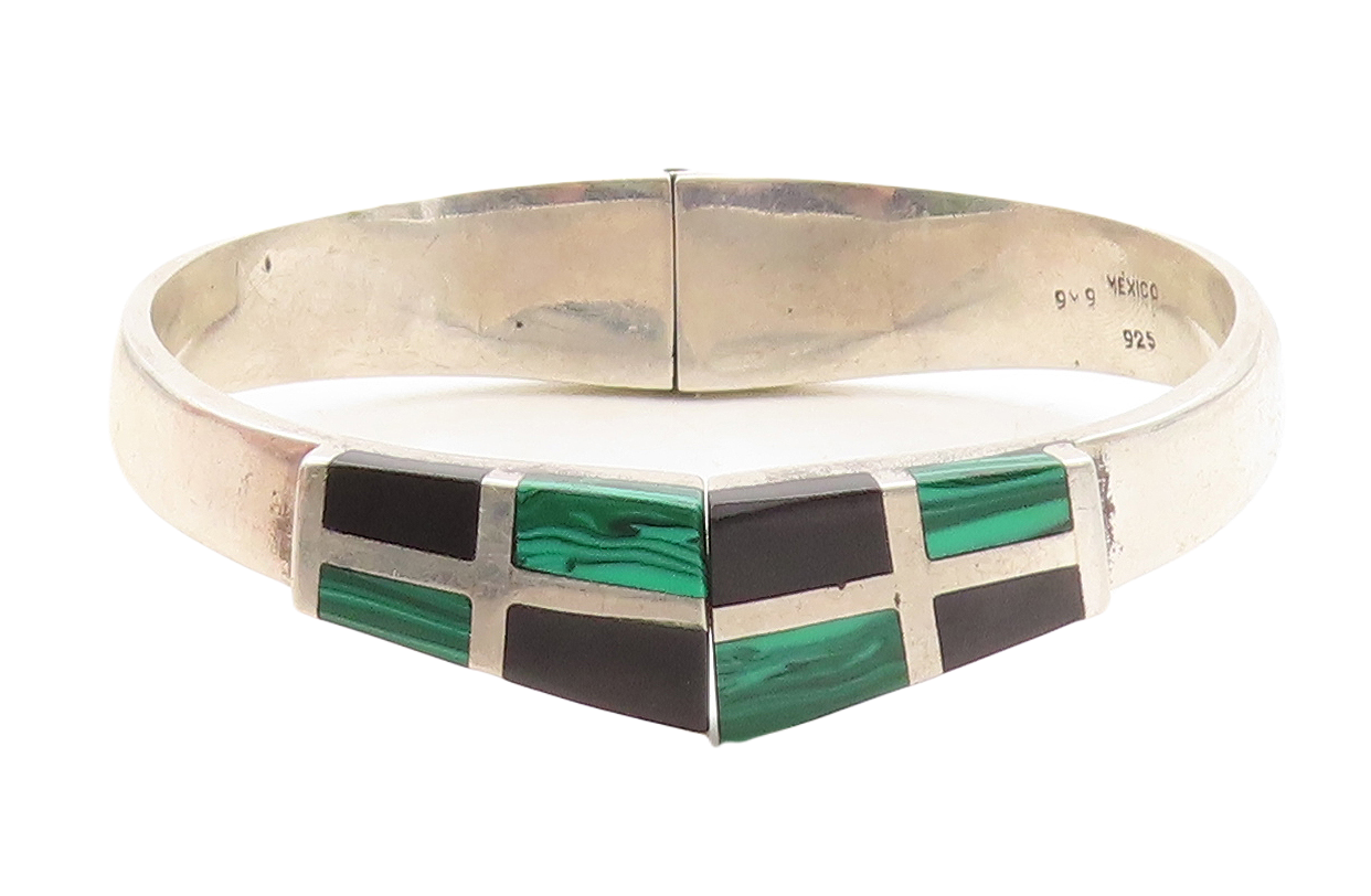 MEXICO 925 Sterling Silver  Vintage Malachite & Onyx Bangle Bracelet  BT1456