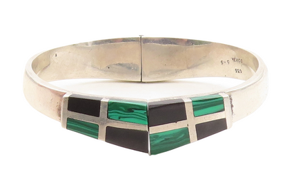 MEXICO 925 Sterling Silver  Vintage Malachite & Onyx Bangle Bracelet  BT1456