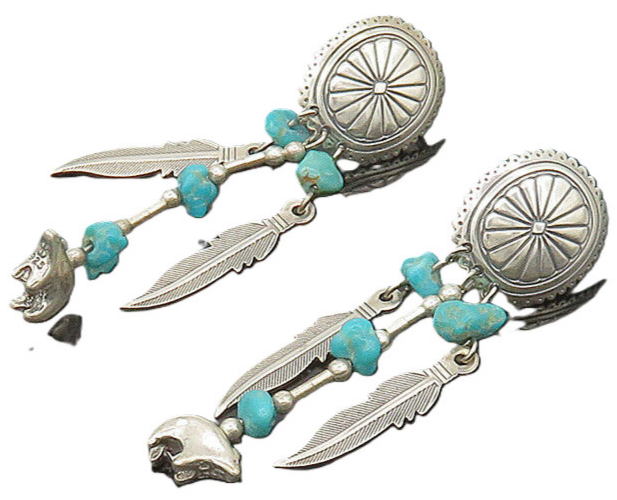 SOUTHWESTERN 925 Silver Vintage Turquoise Feather Dangle Earrings EG10447
