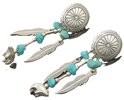 SOUTHWESTERN 925 Silver Vintage Turquoise Feather Dangle Earrings EG10447
