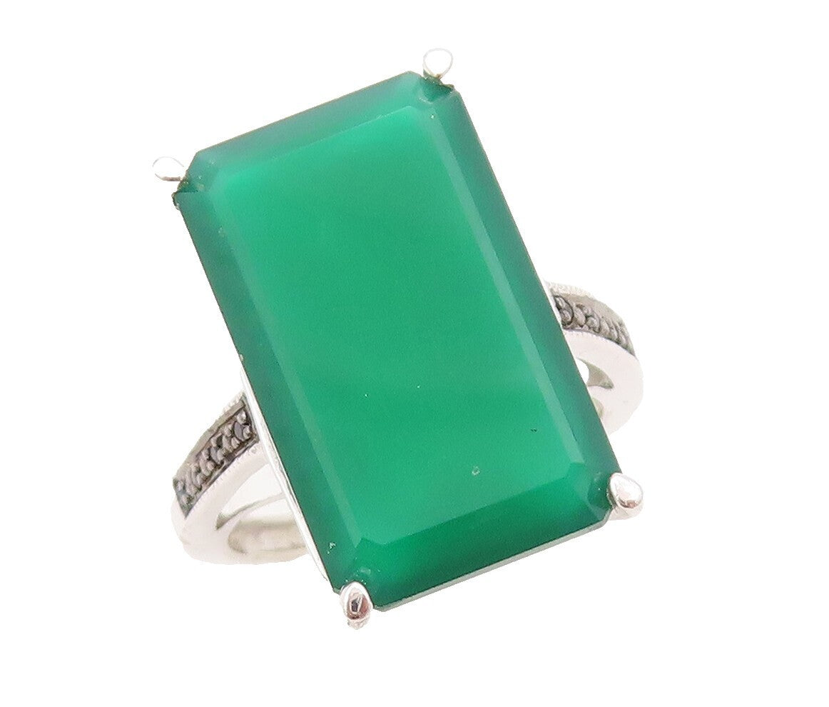 925 Sterling Silver Vintage Ring Black Diamonds & Green Onyx  Sz 8  RG30701