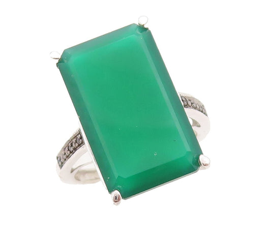 925 Sterling Silver Vintage Ring Black Diamonds & Green Onyx  Sz 8  RG30701